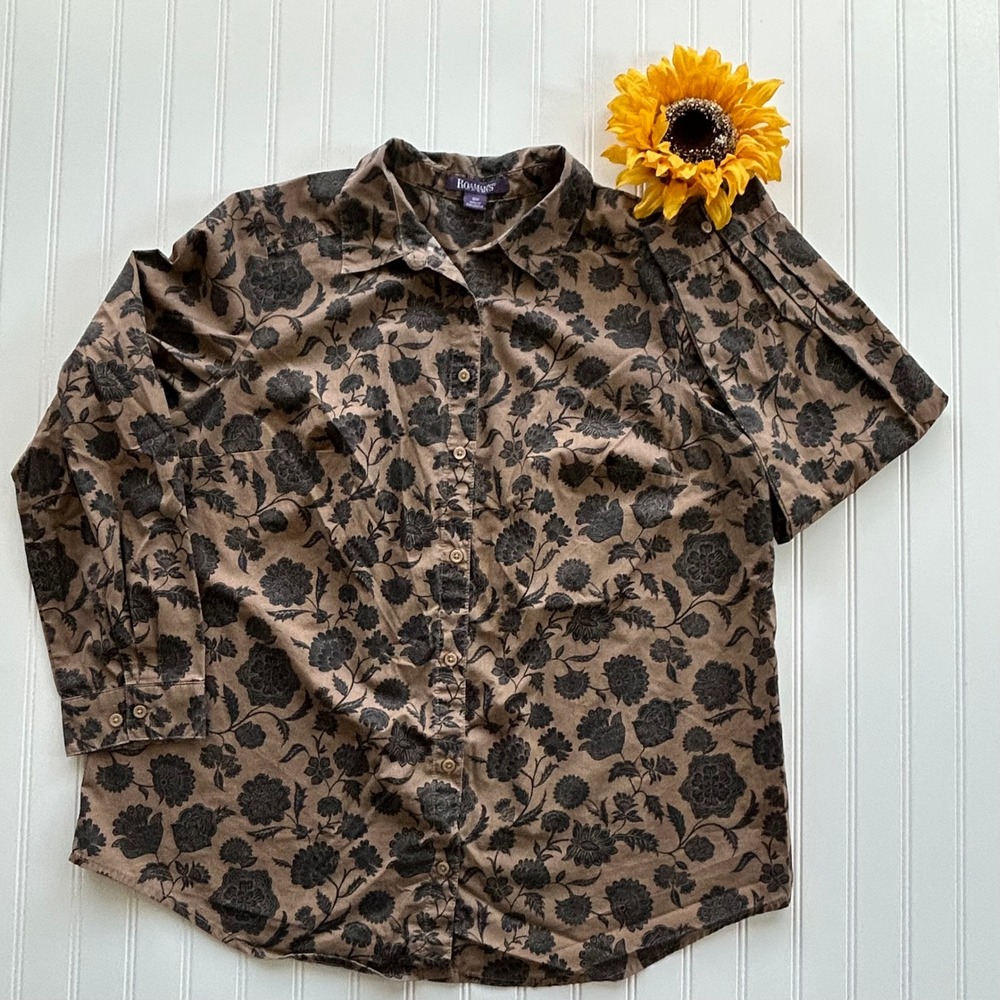 Roaman's Button Down Shirt 18W Brown Excellent Floral Print Long Sleeve Blouse - Picture 2 of 10